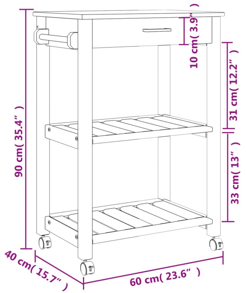 MONZA tömör fenyőfa konyhai kocsi 60 x 40 x 88,5 cm