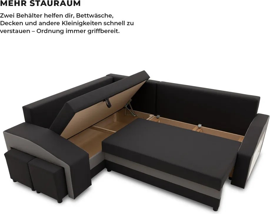 Grande sarokkanapé polcokkal és puffokkal , polc a jobb karfaban puffok a bal karfaban, baloldali, szövet anyag, hab töltet, fekete - szürke