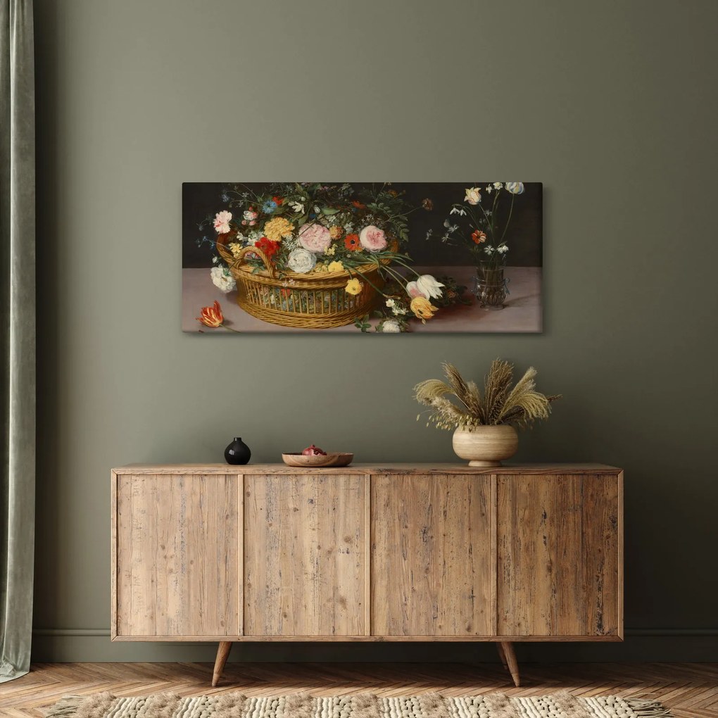 Kép - Jan Brueghel the Elder, Flowers in a Basket and a Vase, reprodukciók (120x50 cm)