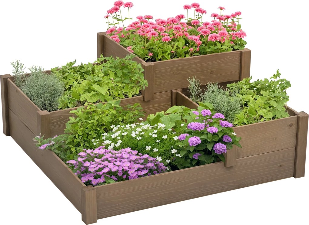 Outsunny emelt ágyásos zöldségágy virágoskert 3 lépcsővel, növényláda fűszernövényeknek teraszon és erkélyen, fenyőfa, barna, 122 x 122 x 51 cm | Aoso