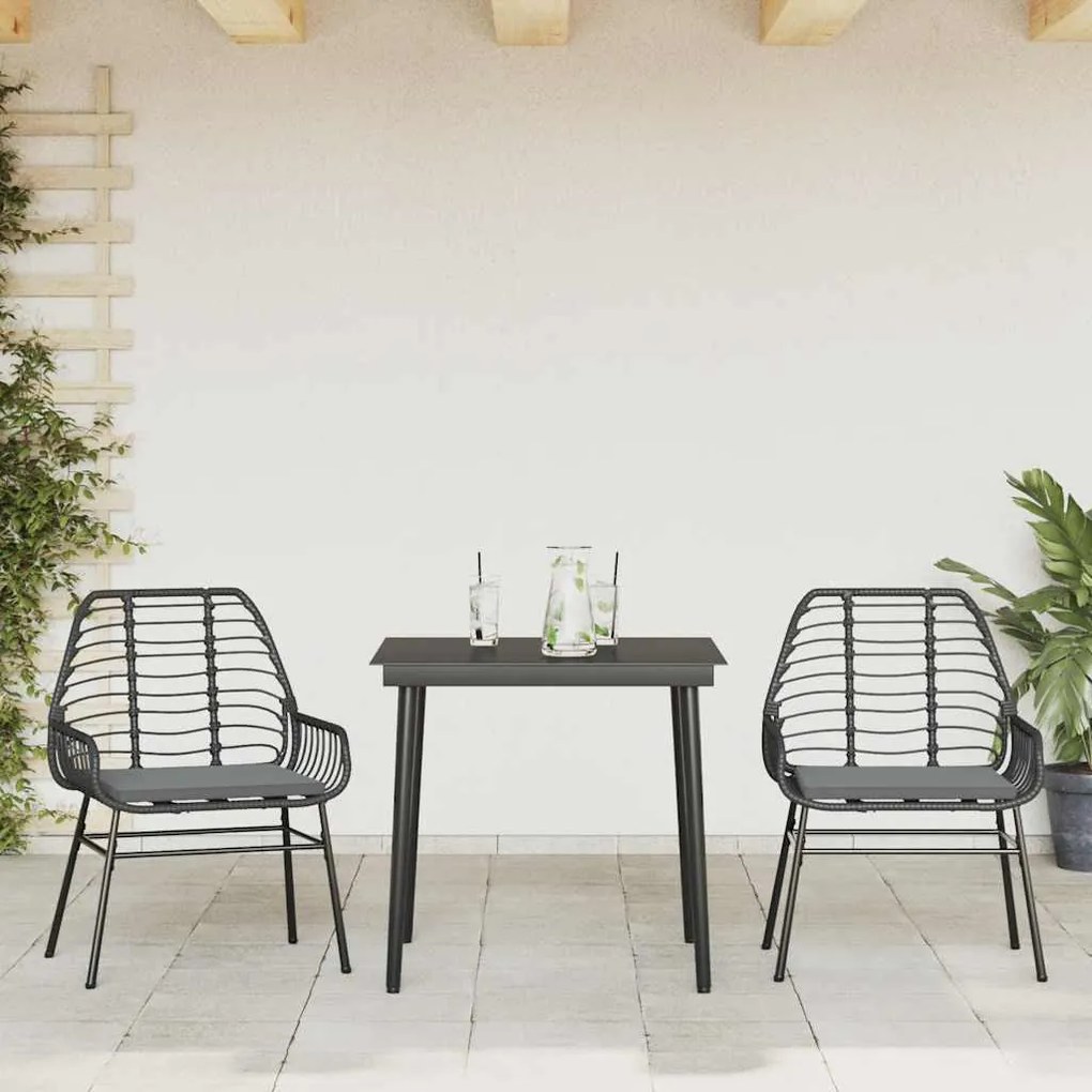 3 részes fekete polyrattan üveg kerti étkezőgarnitúra párnákkal