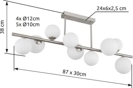 Globo 56140-9D Mennyezeti lámpa fém nikkel matt, üveg fehér, HxSzxM.: 870x280x370mm, üveg átmérő: 5x10cm, 4x12cm, benne 9x G9 LED 3.5W 230V, 350lm forrás, 310lm kimenet, 3000K