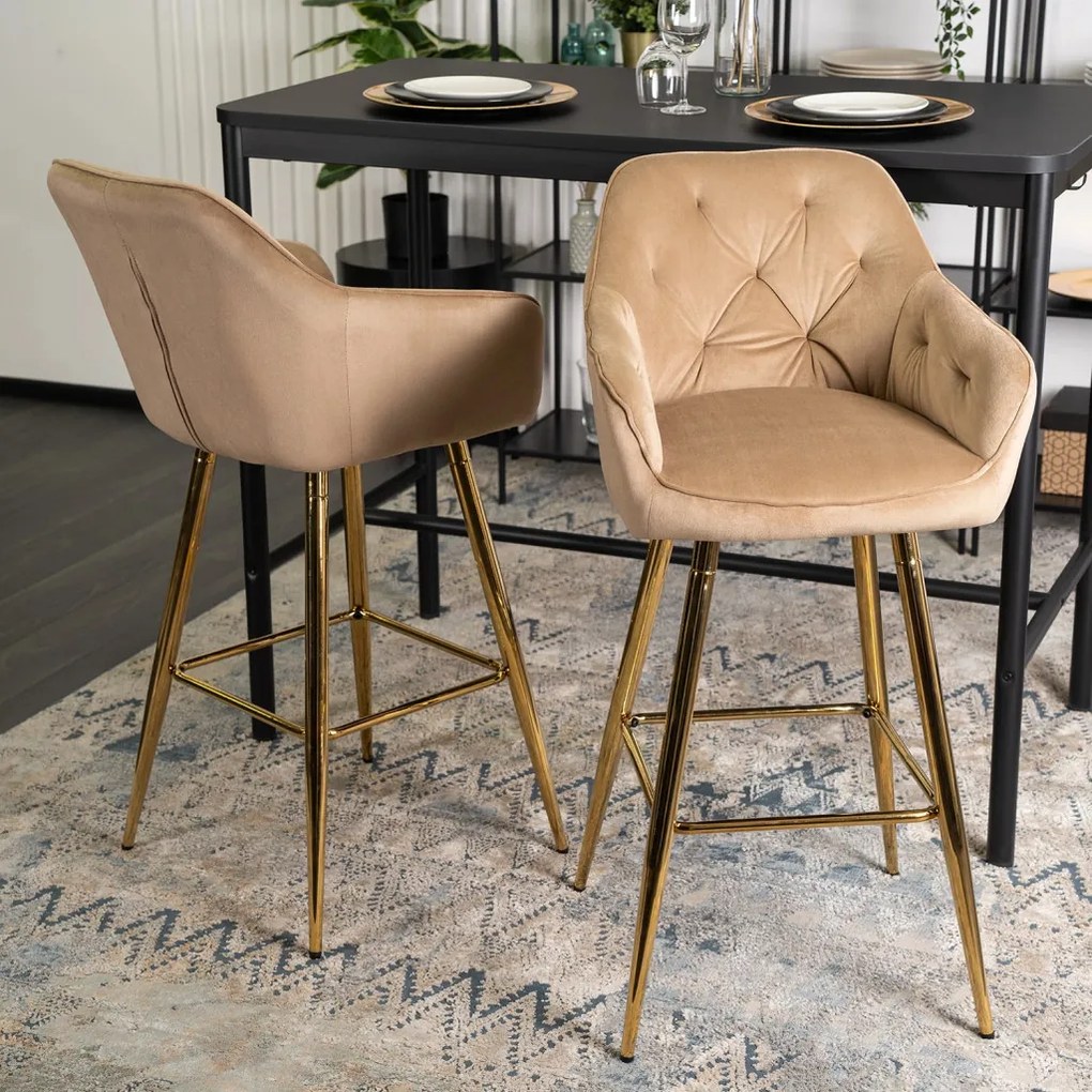 Bézs Bársony Bárszék Aranyszínű Lábbal. SALEM