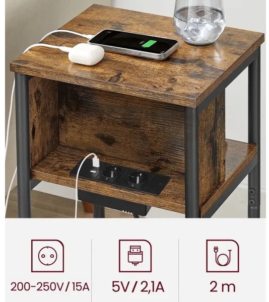 Oldalsó asztal beépített konnektorokkal és USB-portokkal ROD barna/fekete