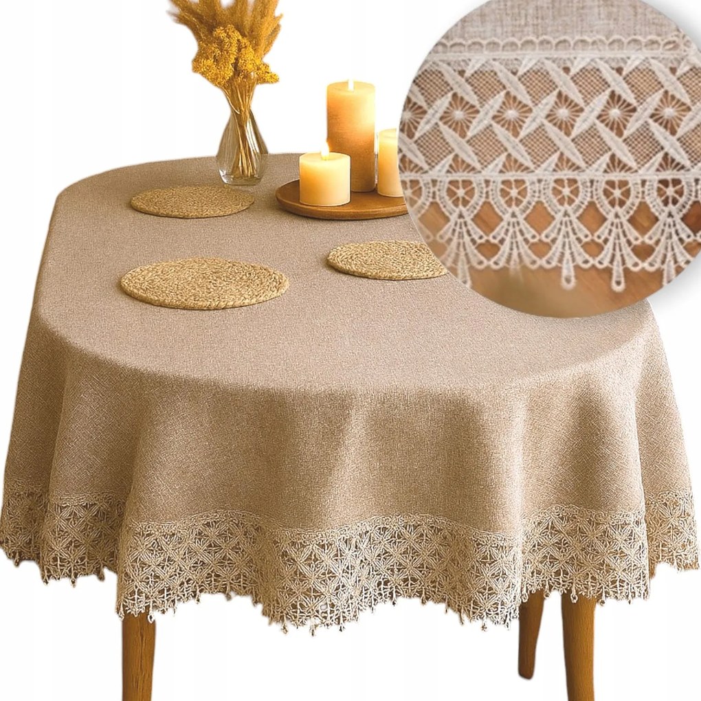 Ovális Bézs Abrosz asztalra Sima csipkével 140x200 Boho Ovális natúr