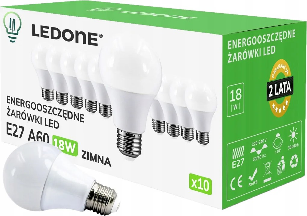 10x Led izzó E27 A60 18W Hideg fehér Prémium Led szett