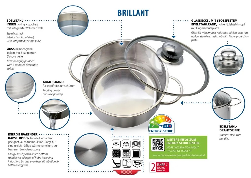 Elo 22224 Basic Rozsdamentes acél edény Brillant24 cm, 5,4 l, 5,4 l
