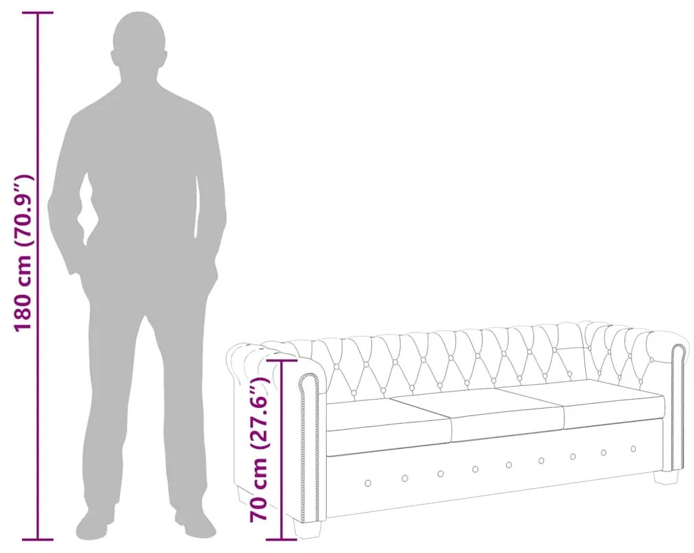 3 személyes fekete műbőr Chesterfield kanapé