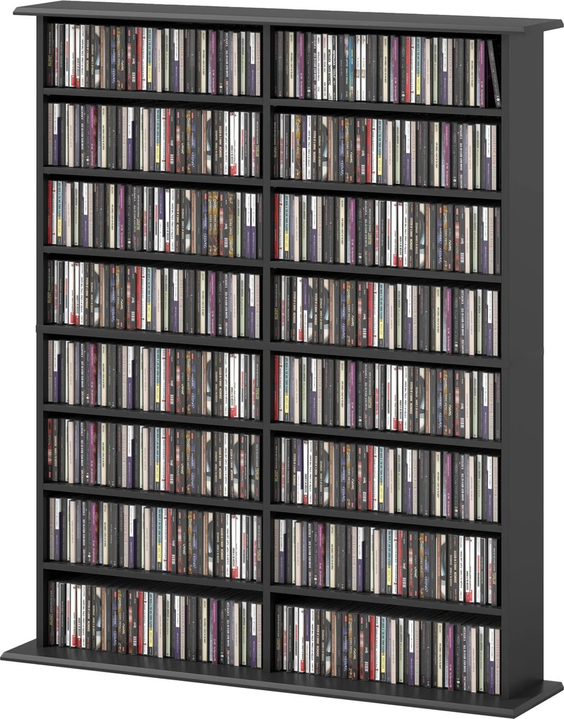 HOMCOM 16-polcos Modern Tervezésű Könyvespolc 720 CD számára, Forgácslap CD Tartó, 106,5x24x123,7 cm, Fekete | Aosom