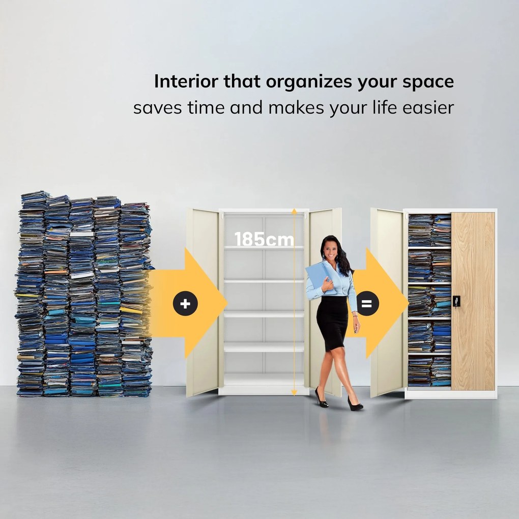 Fém iratszekrény JAN, 900 x 1850 x 400 mm, Eco Design: fehér/ sonoma tölgy