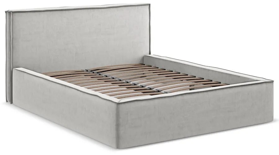 Világosszürke kárpitozott ágyneműtartós franciaágy ágyráccsal 140x200 cm Anani – Makamii