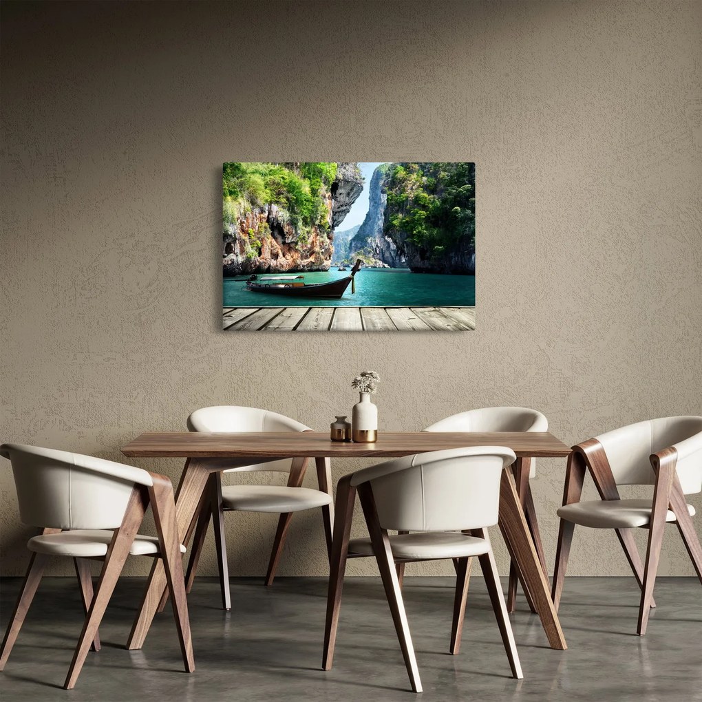 Kép - Víz mediterrán táj csónakkal (90x60 cm)
