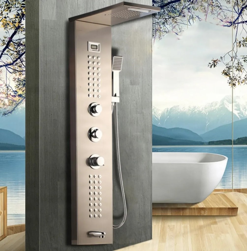 Zuhanypanel EYN TP1912L termosztáttal és masszázsfúvókákkal, falon kívüli kivitelben, többféle felülettel — Sarok