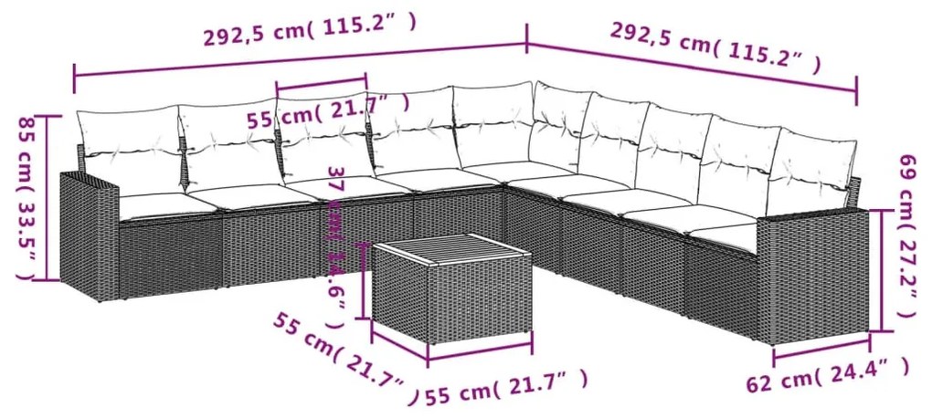 10 részes szürke polyrattan kerti ülőgarnitúra párnákkal