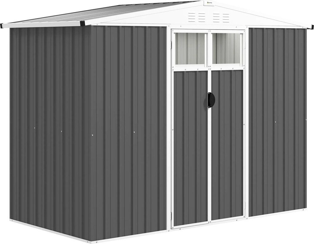 Outsunny Fém Kerti Tároló 2,7 m² 246 x 117 x 180 cm Ablakkal, 4 Szellőzővel és Zárható Ajtóval, Kültéri Acél Kerti Sátor, Szürke | Aosom