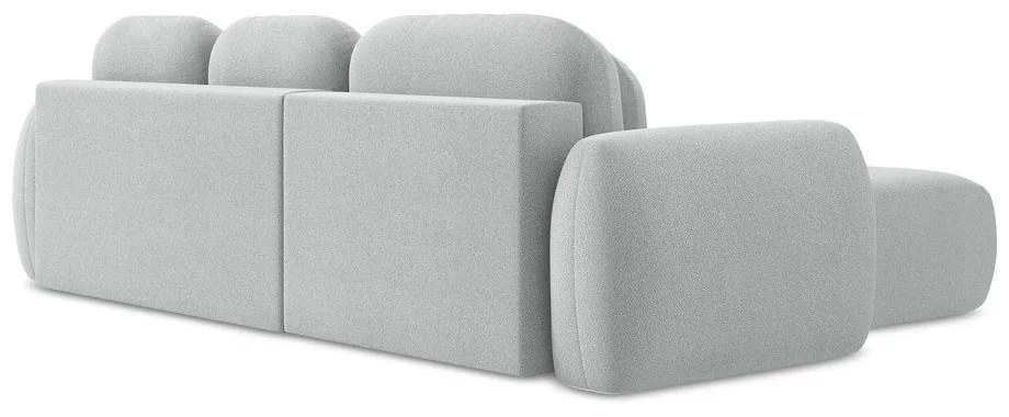 Világosszürke buklé kinyitható-tárolóhelyes sarokkanapé (bal oldali-heverő résszel) Pele – Makamii