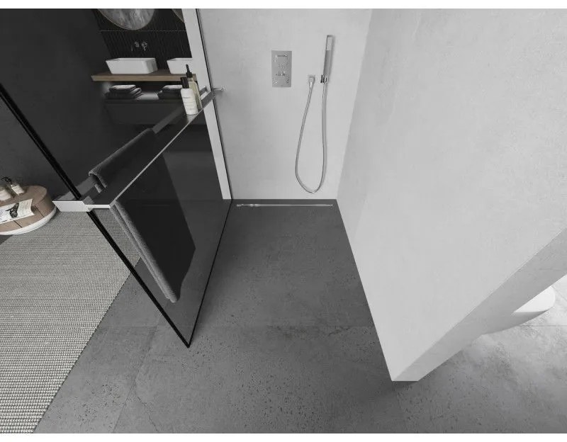 Mexen Kioto+ L, Walk-In zuhany paraván polccal és akasztóval 60 x 200 cm, 8 mm átlátszó üveg fekete mintás, króm profil, 800-060-123-01-70