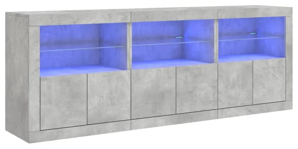 betonszürke tálalószekrény LED-világítással 181,5x37x67 cm