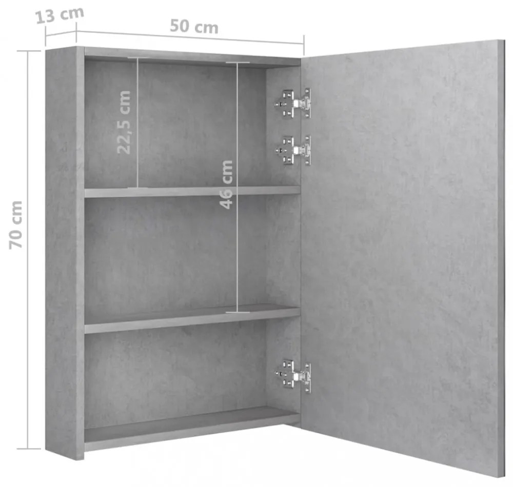 betonszürke LED-es tükrös fürdőszobaszekrény 50 x 13 x 70 cm