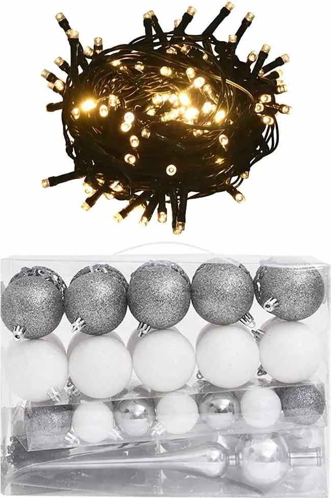 vidaXL 60 részes fehér-szürke karácsonyi gömbszett csúccsal + 150 LED