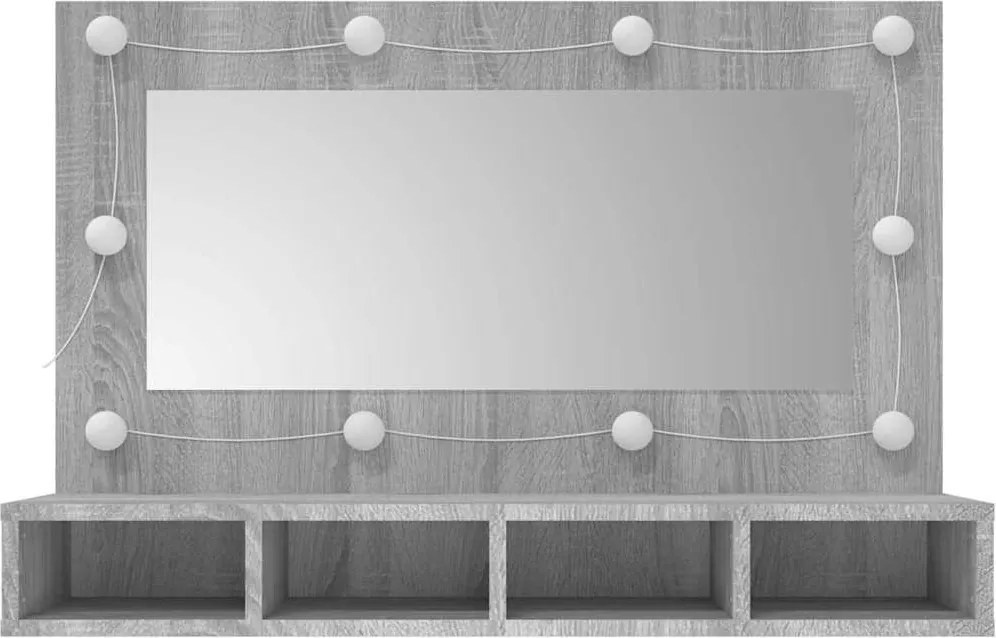Szürke sonoma színű tükrös szekrény LED-ekkel 90 x 31,5 x 62 cm