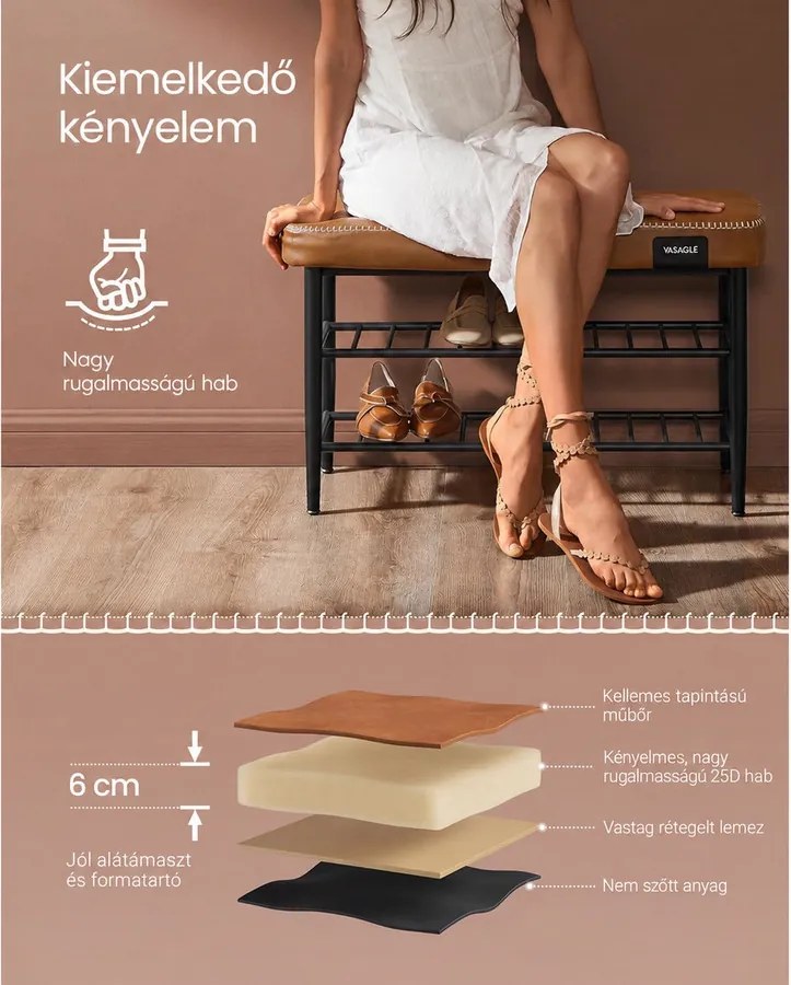 VASAGLE EKHO cipőtartó pad, 3 tárolószinttel és párnázott ülőfelülettel, 80 × 30 × 50 cm, karamellbarna