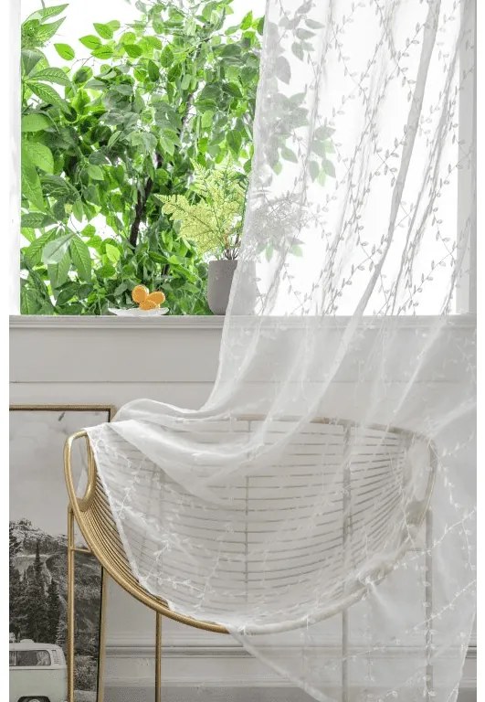 Fehér VINTORA függöny levélmintával 140x250 cm Felfüggesztés: Hullámos sínszalag