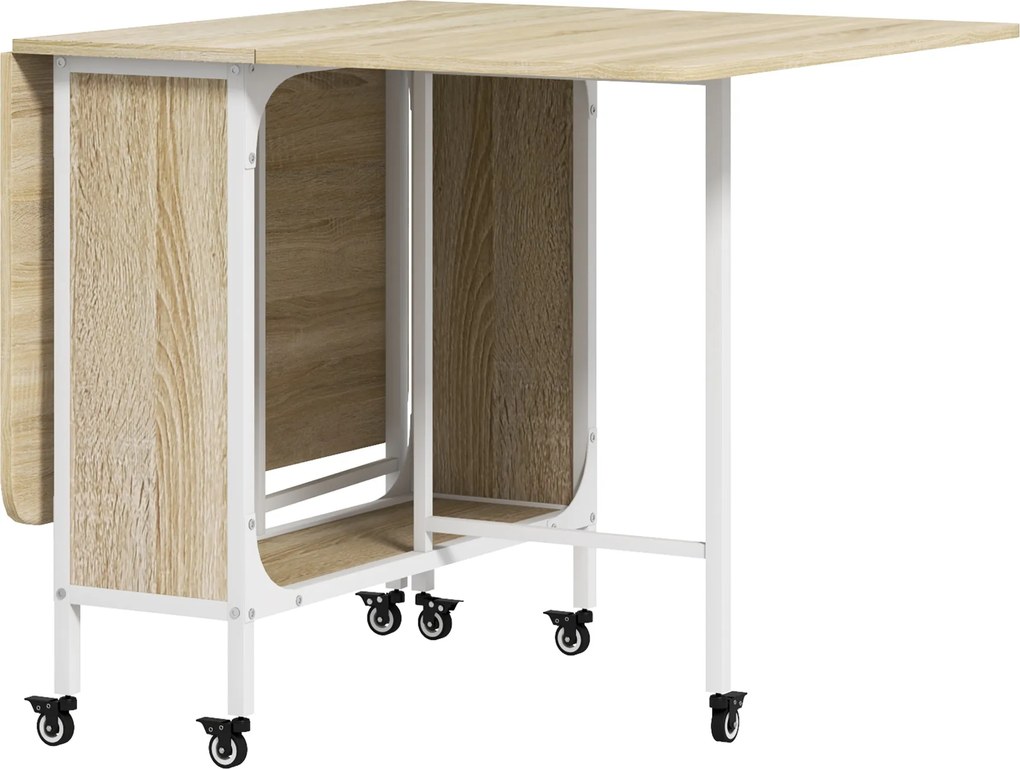 HOMCOM Összecsukható Étkezőasztal, Kihúzható Asztal 4-6 Személynek, Modern Tértakarékos Konyhai Asztal Polccal és 6 Kerekével, Fémből készült, 130x80x