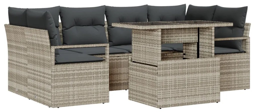 7 Darabos Kert Kanapé Készlet Párnákkal Világosszürke Poli Rattan, Kétfős Kert Kanapé Tárolóval &amp; Párnákkal Szürke Poli Rattan