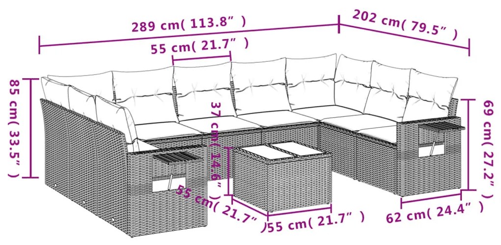 10 részes bézs polyrattan kerti ülőgarnitúra párnával