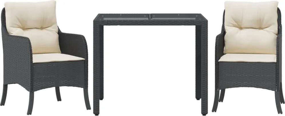 vidaXL 3 részes fekete polyrattan kerti étkezőgarnitúra párnákkal