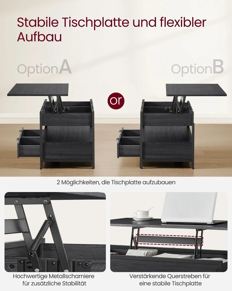 Dohányzóasztal, magasságában állítható, 50×100 cm, antracitszürke–tintafekete