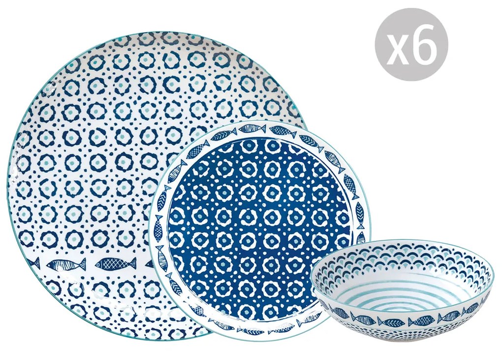 18 részes porcelán mediterrán étkészlet halas Sea Shore