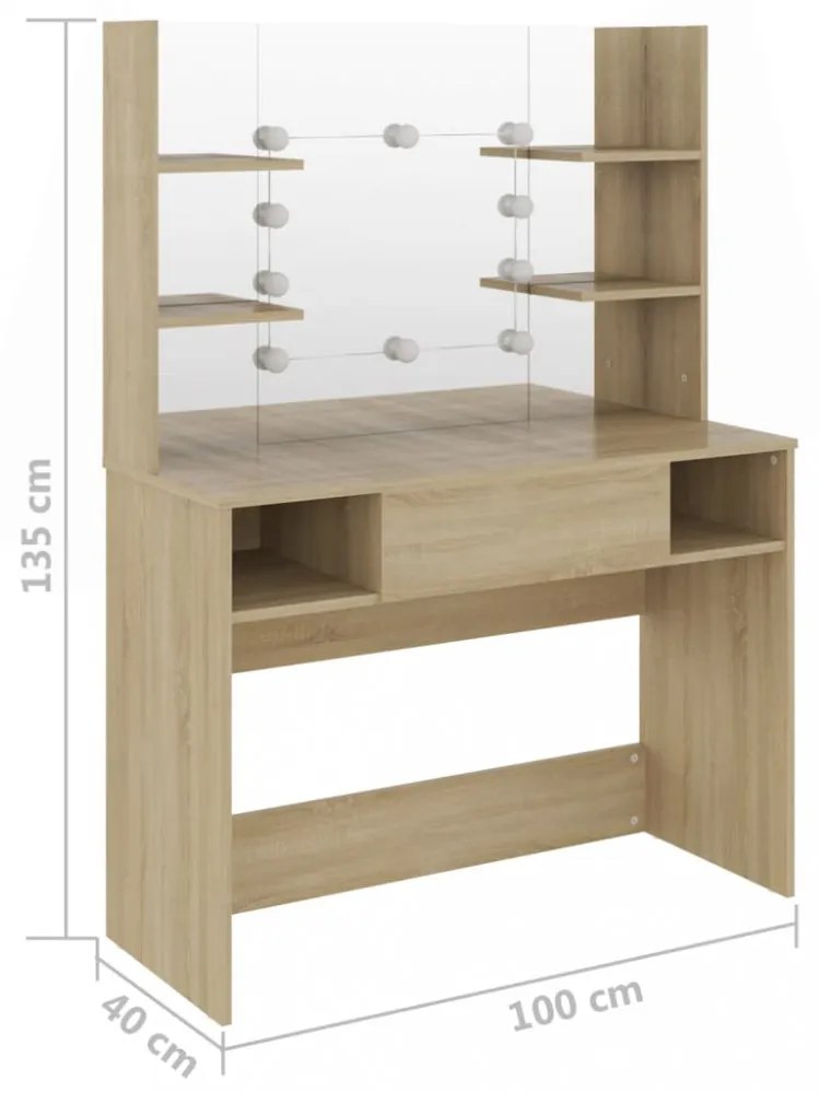 tölgyszínű LED-es MDF sminkasztal 100 x 40 x 135 cm