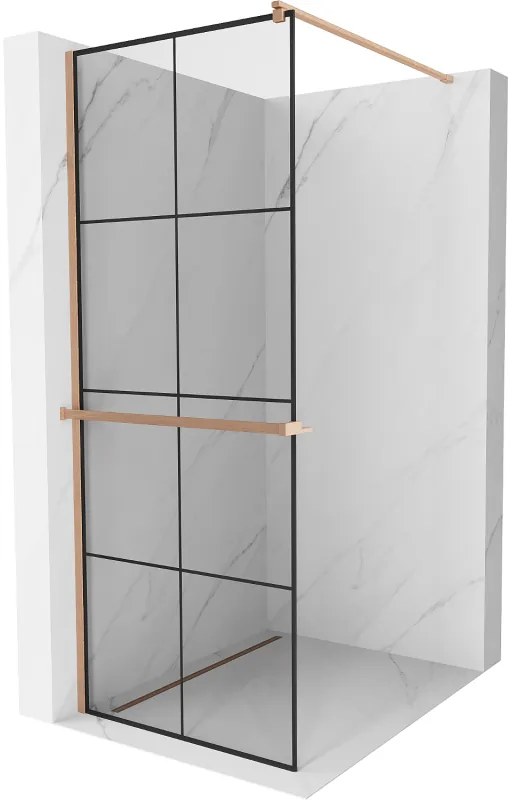 Mexen Kioto+, Walk-In zuhanyparaván polccal és akasztóval 70 x 200 cm, 8 mm átlátszó üveg fekete mintás, réz matt profil, 800-070-121-65-77
