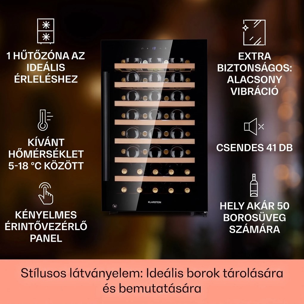 Klarstein Barossa 50 Uno, borhűtő, 120 liter, 52 palack, 1 zóna, érintőképernyő