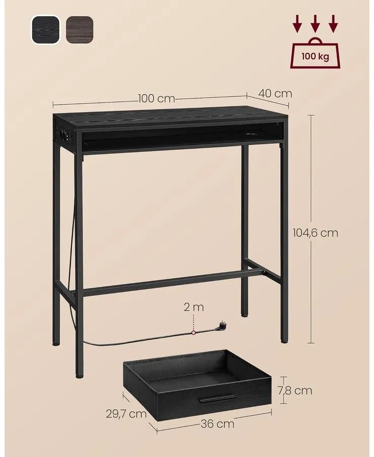 Bárasztal, magas konzolasztal töltőállomással és szövet fiókkal, fekete
