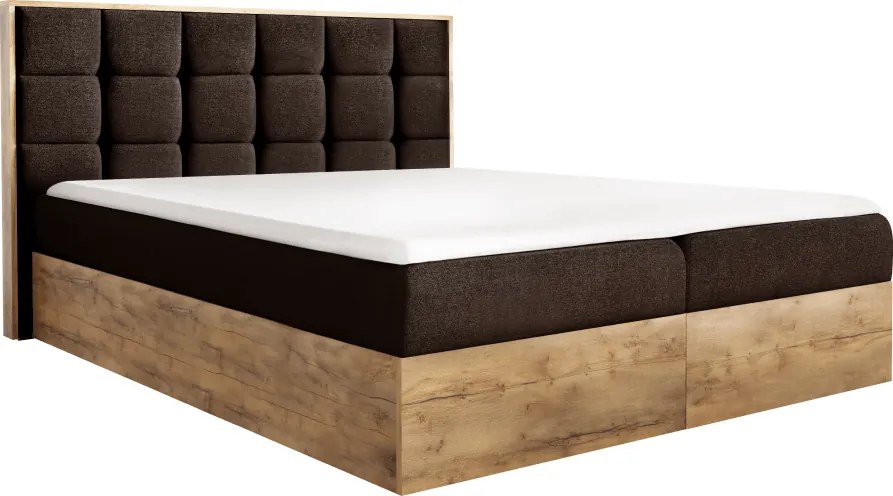 Boxspring ágy, 160x200, barna Paros szövet/lancelot tölgy, WOOD 1