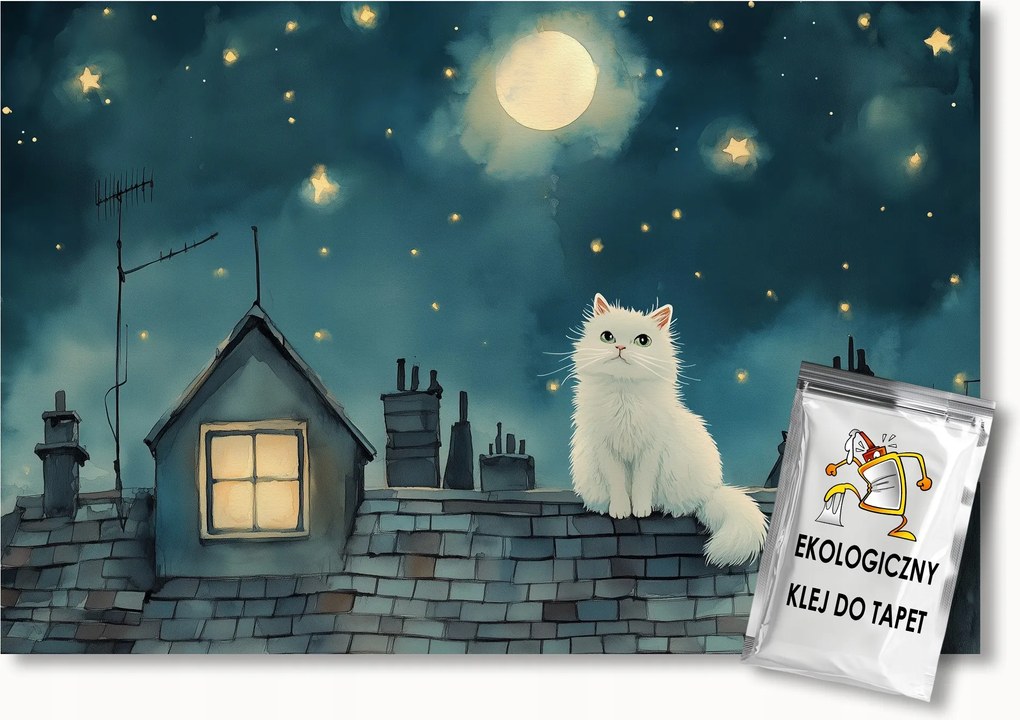Fotótapéta Flizelina Gyerekek Éjszaka Hold Macska Tető Ég Álom 350x250 ragasztó