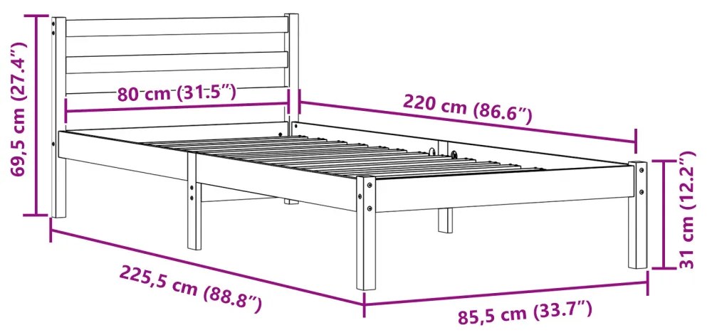 Ágykeret Fejtámlával Fehér 80x220 cm Tömör Fenyő
