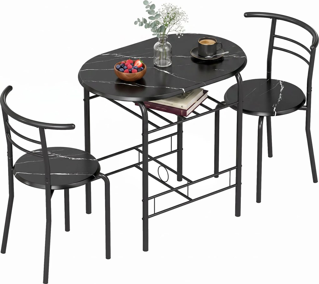 HOMCOM 3-Piece Dining Set — 31.5" Kitchen Table with Two Chairs and Shelf, Ideal for Small Spaces, Apartment, Living/Dining Room, Black Marble Finish