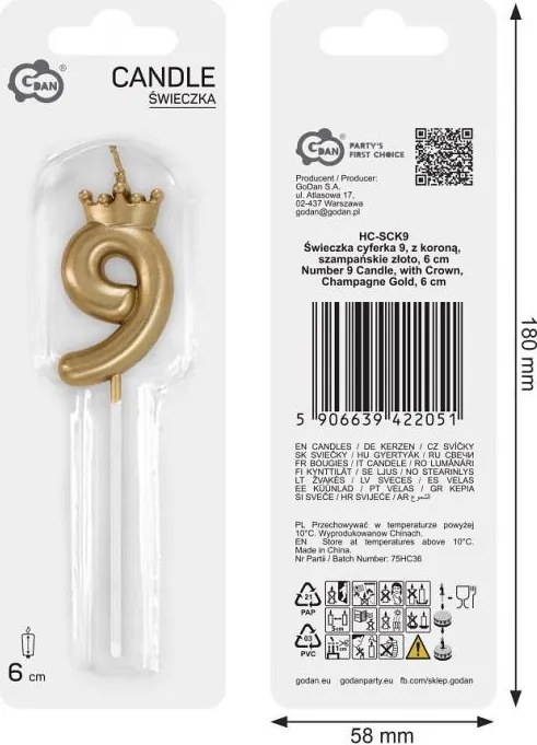 Arany Champagne Crown 9-es számgyertya, tortagyertya 6 cm