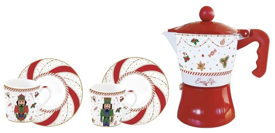 Karácsonyi kotyogós kávéfőző és porcelán kávés csésze szett díszdobozban