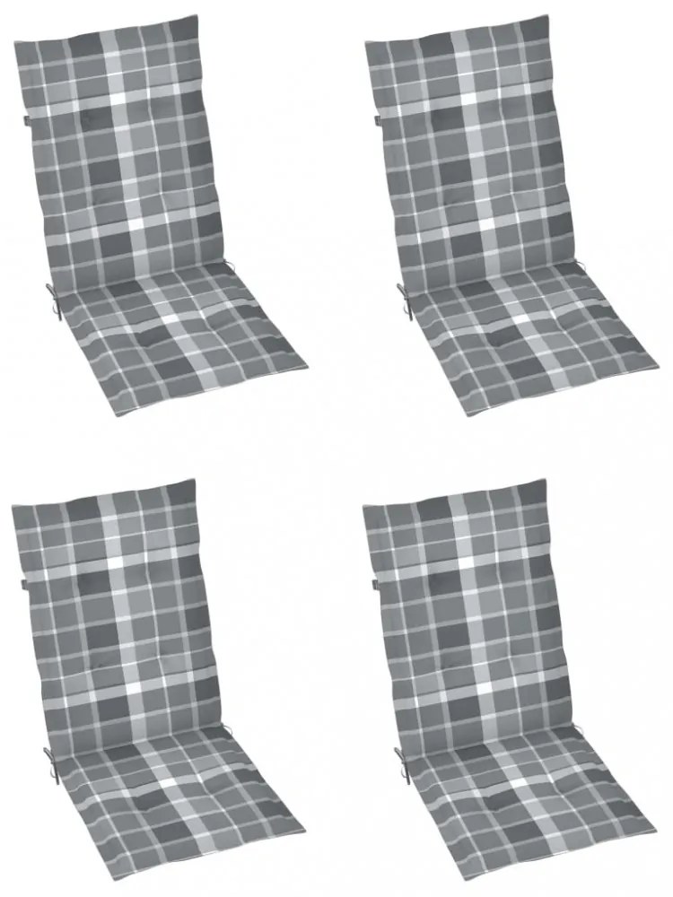 4 db tömör tíkfa kerti szék szürke kockás párnákkal