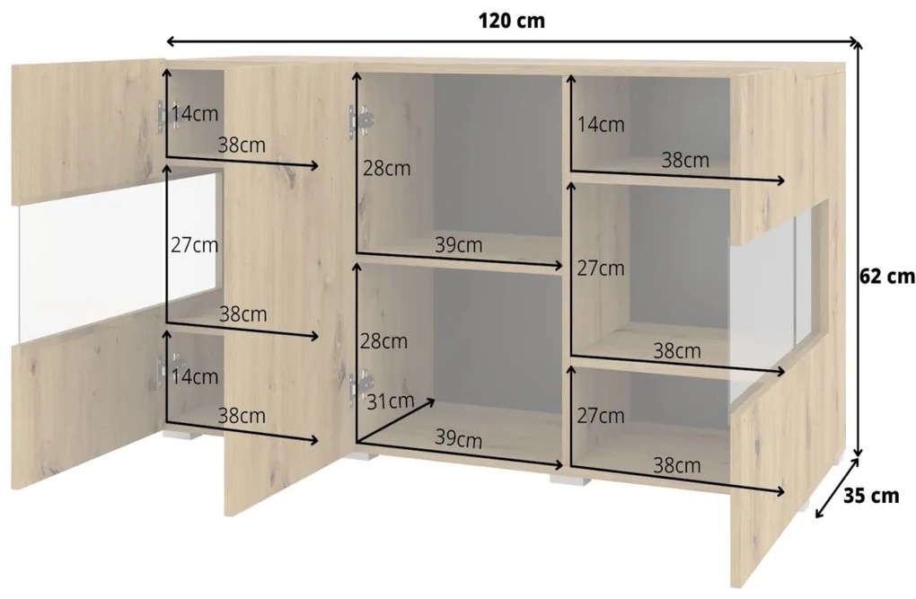 AVANA 3D fiókos szekrény, 120x62x35, fehér/wotan tölgy