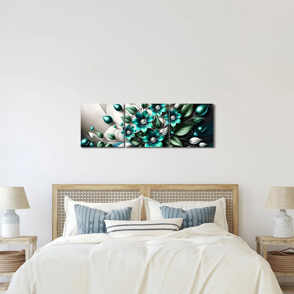 Kép - 3D türkiz virágok (órával) (90x30 cm)