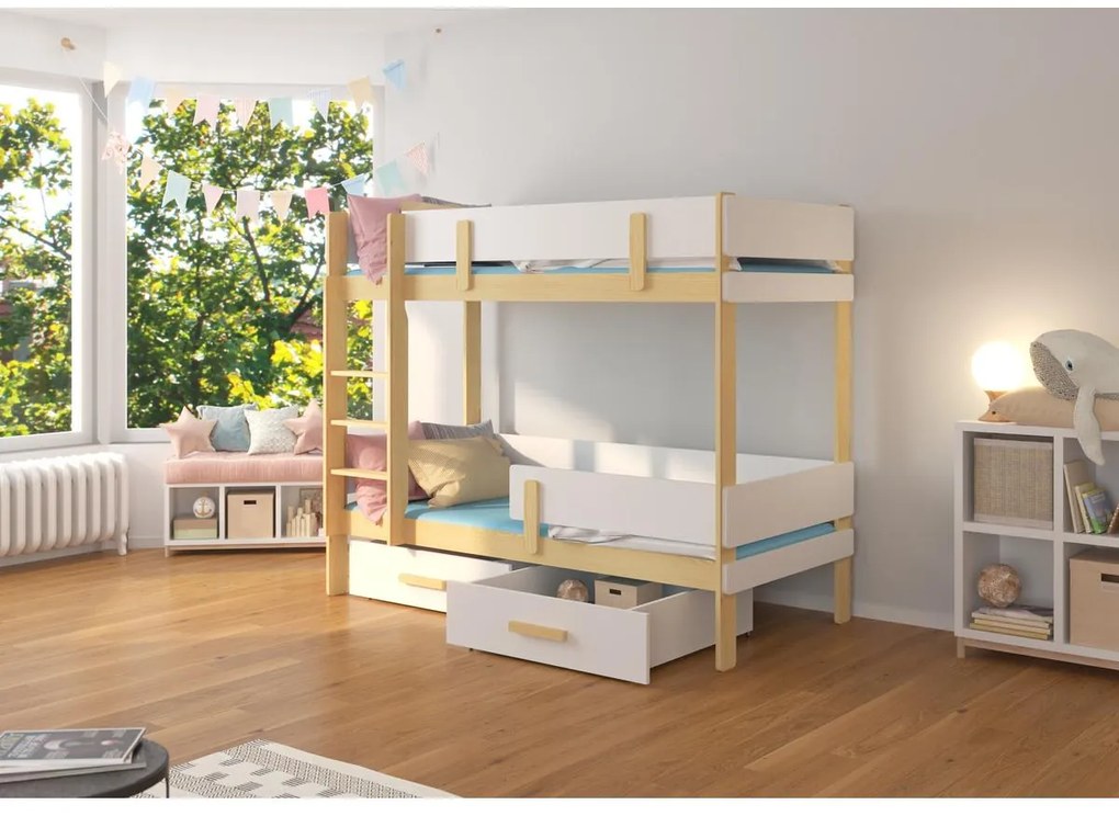 ETIONA emeletes dupla ágy matraccal 180x80, Fenyő, Fehér