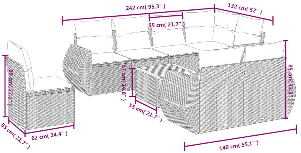 9 részes fekete polyrattan kerti ülőgarnitúra párnákkal