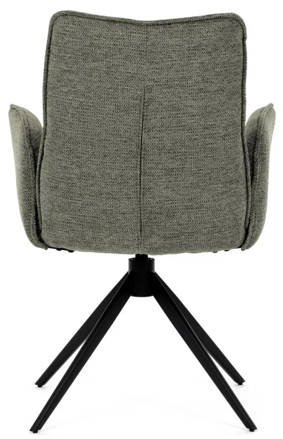 Scaun de dining rotativ, tapițat cu material textil verde, mecanism rotativ 360°, picioare metalice negre