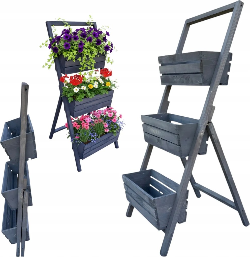 Virágtartó állvány fa összecsukható virág fűszernövények 3 doboz szürke 107cm